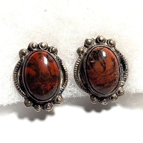 Vintage Silver Screw Back Earring Set of 3 Sterling, 935, Mahogany Obsidian - Picture 6 of 10